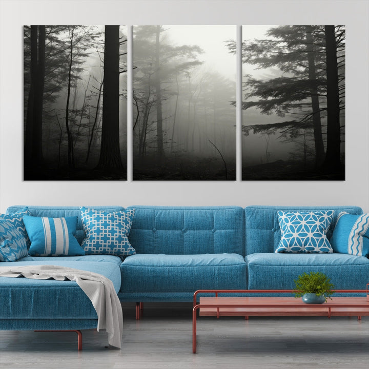 The living room features a premium canvas print triptych titled "Misty Forest Wall Art" on the wall, depicting a foggy and serene atmosphere.