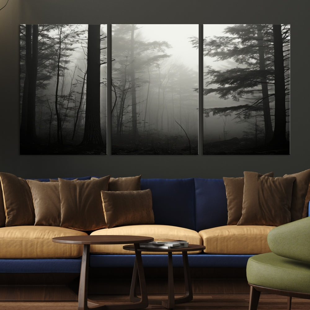 The living room features a premium canvas print triptych titled "Misty Forest Wall Art" on the wall, depicting a foggy and serene atmosphere.