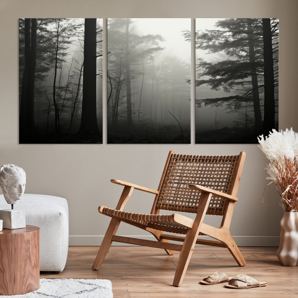 The living room features a premium canvas print triptych titled "Misty Forest Wall Art" on the wall, depicting a foggy and serene atmosphere.