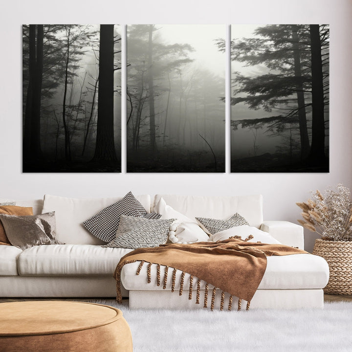 The living room features a premium canvas print triptych titled "Misty Forest Wall Art" on the wall, depicting a foggy and serene atmosphere.