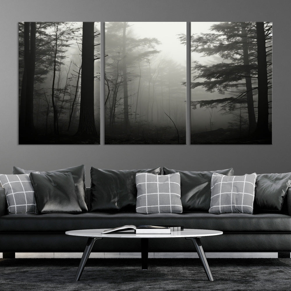 The living room features a premium canvas print triptych titled "Misty Forest Wall Art" on the wall, depicting a foggy and serene atmosphere.