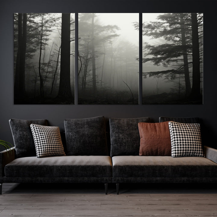 The living room features a premium canvas print triptych titled "Misty Forest Wall Art" on the wall, depicting a foggy and serene atmosphere.