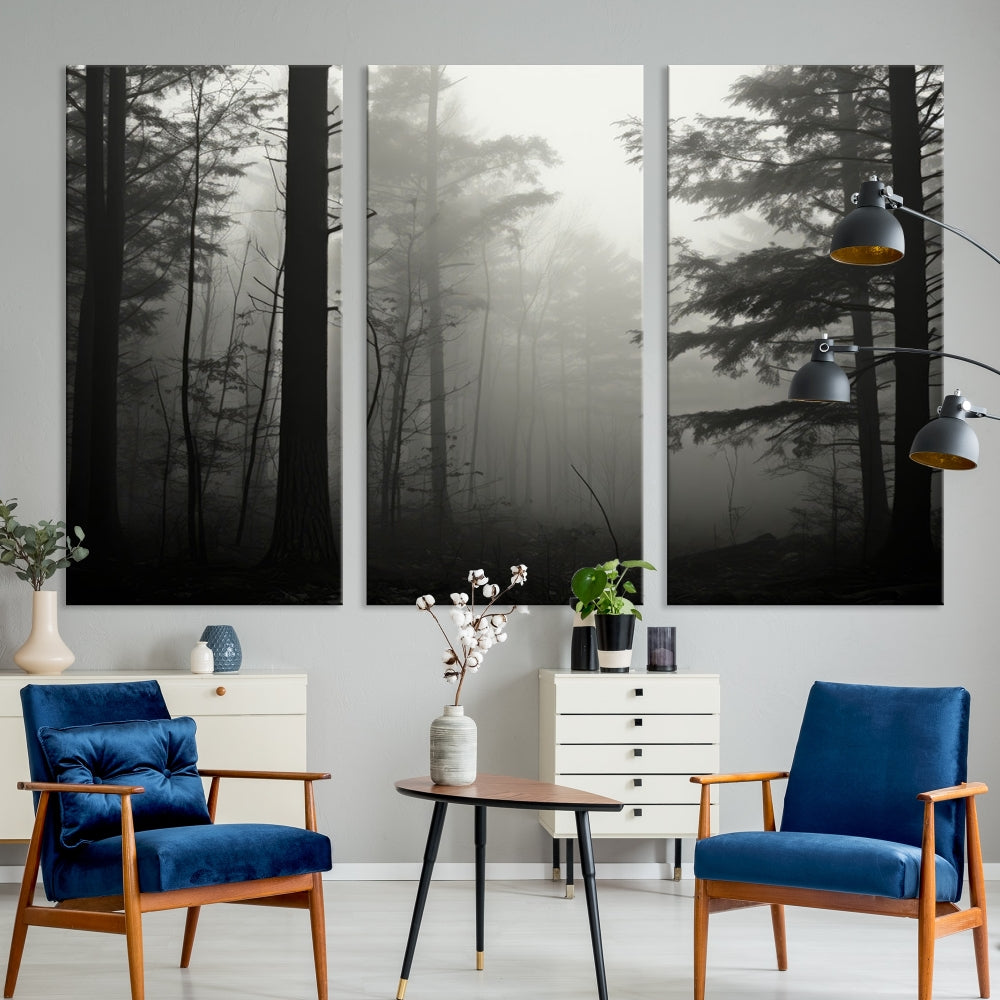 The living room features a premium canvas print triptych titled "Misty Forest Wall Art" on the wall, depicting a foggy and serene atmosphere.