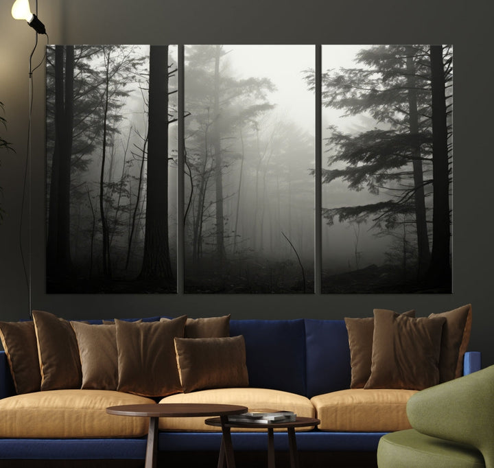 The living room features a premium canvas print triptych titled "Misty Forest Wall Art" on the wall, depicting a foggy and serene atmosphere.