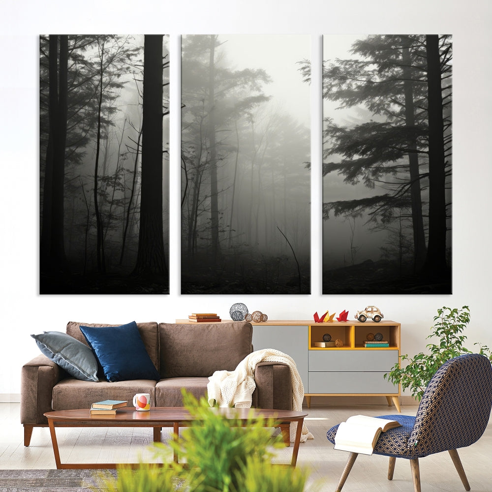 The living room features a premium canvas print triptych titled "Misty Forest Wall Art" on the wall, depicting a foggy and serene atmosphere.