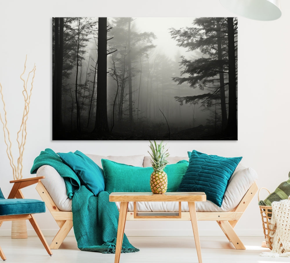 The living room features a premium canvas print triptych titled "Misty Forest Wall Art" on the wall, depicting a foggy and serene atmosphere.