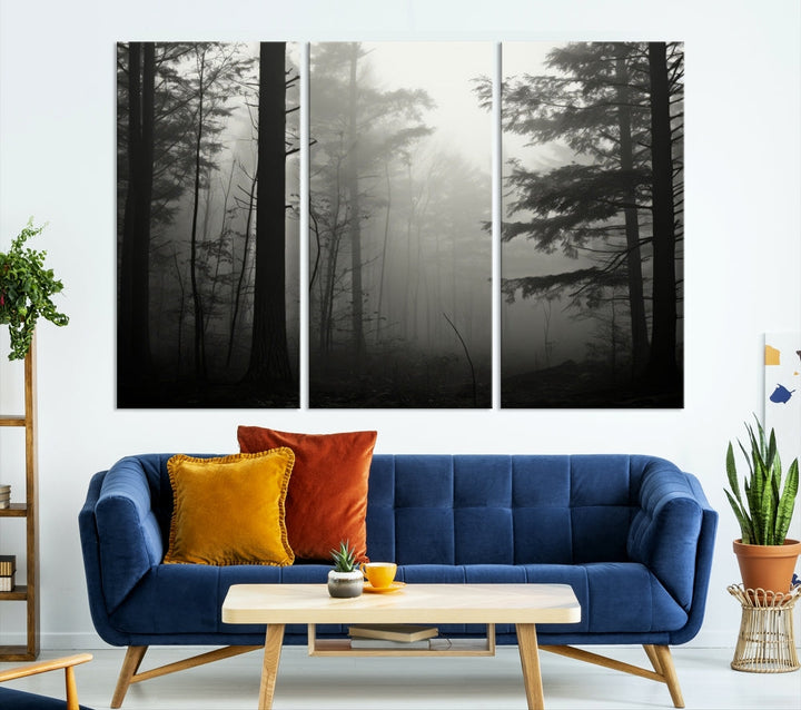 The living room features a premium canvas print triptych titled "Misty Forest Wall Art" on the wall, depicting a foggy and serene atmosphere.