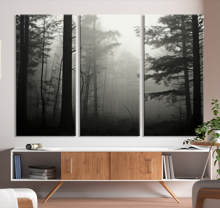 The living room features a premium canvas print triptych titled "Misty Forest Wall Art" on the wall, depicting a foggy and serene atmosphere.