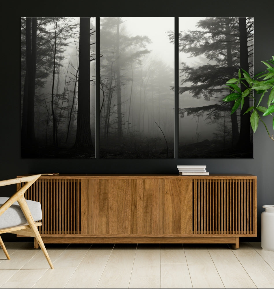 The living room features a premium canvas print triptych titled "Misty Forest Wall Art" on the wall, depicting a foggy and serene atmosphere.