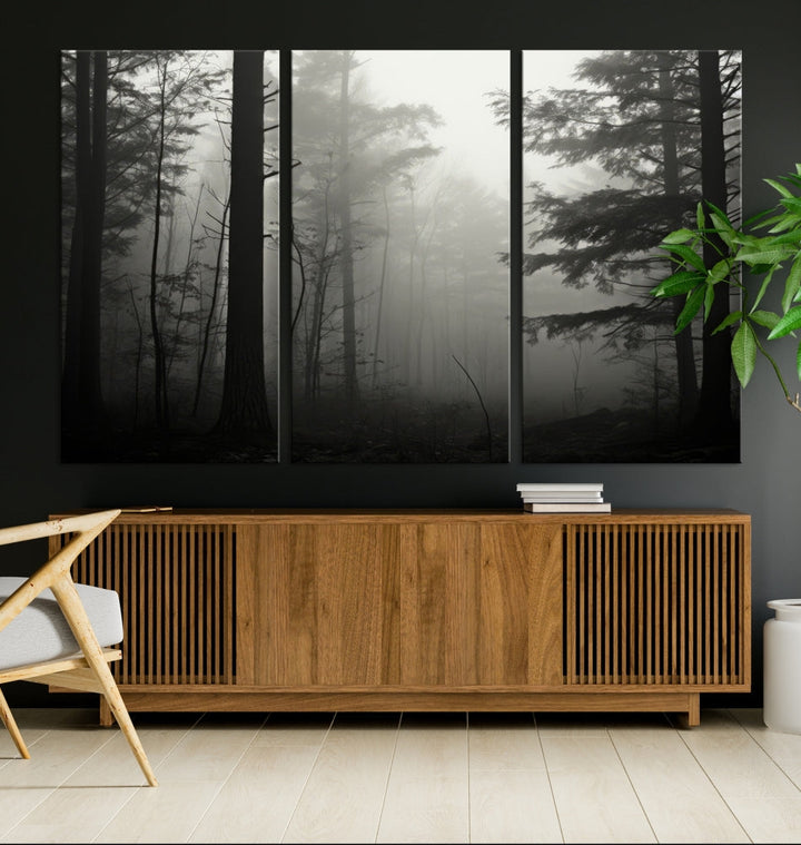 The living room features a premium canvas print triptych titled "Misty Forest Wall Art" on the wall, depicting a foggy and serene atmosphere.