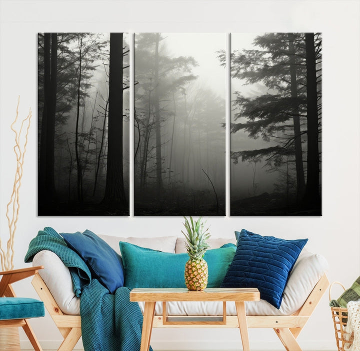 The living room features a premium canvas print triptych titled "Misty Forest Wall Art" on the wall, depicting a foggy and serene atmosphere.