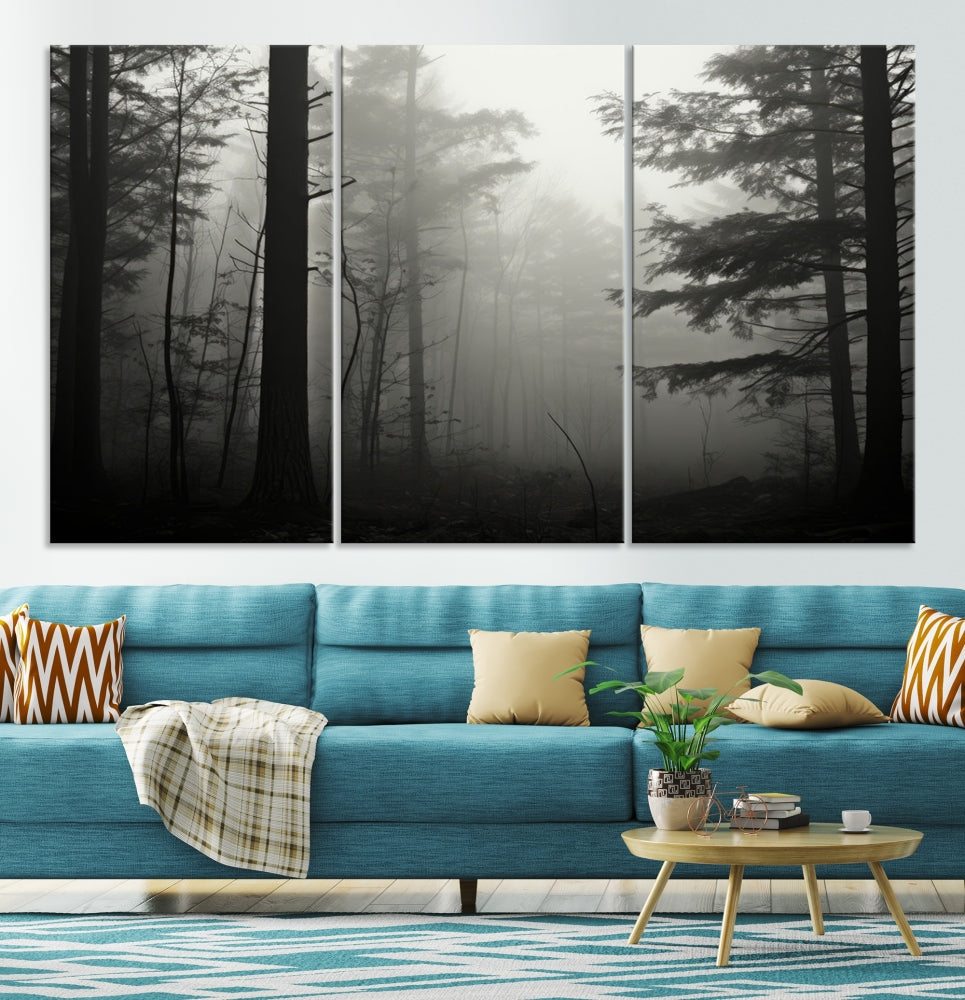 The living room features a premium canvas print triptych titled "Misty Forest Wall Art" on the wall, depicting a foggy and serene atmosphere.