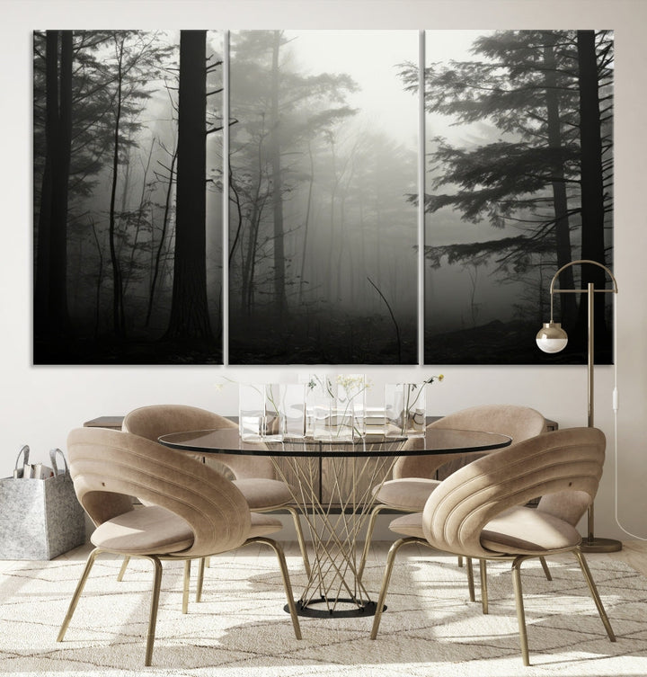 The living room features a premium canvas print triptych titled "Misty Forest Wall Art" on the wall, depicting a foggy and serene atmosphere.