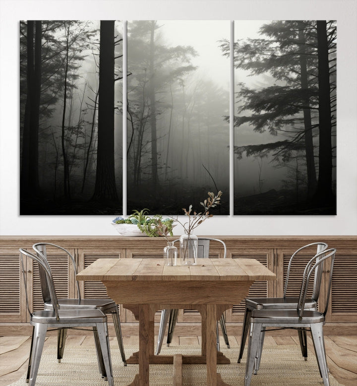 The living room features a premium canvas print triptych titled "Misty Forest Wall Art" on the wall, depicting a foggy and serene atmosphere.