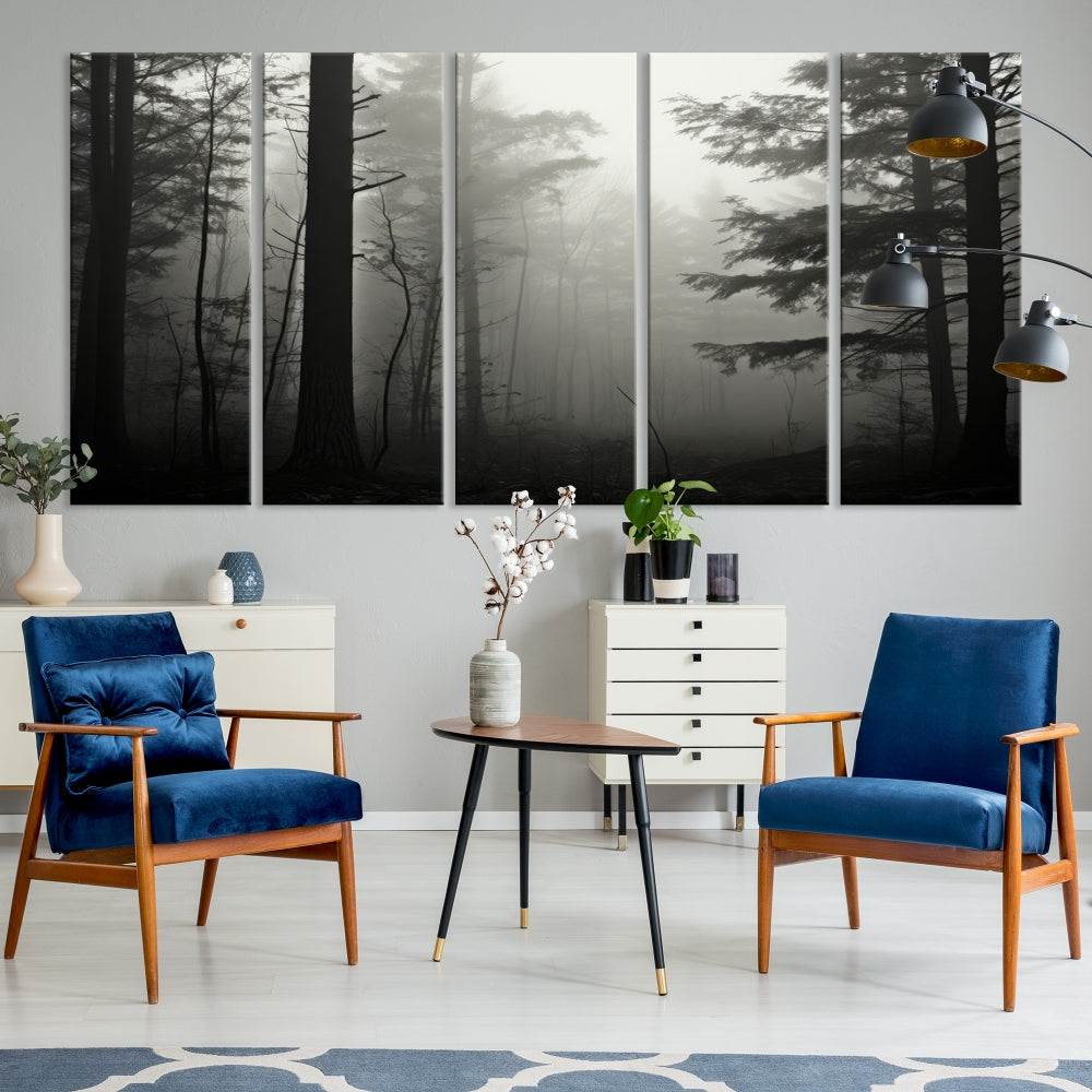 The living room features a premium canvas print triptych titled "Misty Forest Wall Art" on the wall, depicting a foggy and serene atmosphere.