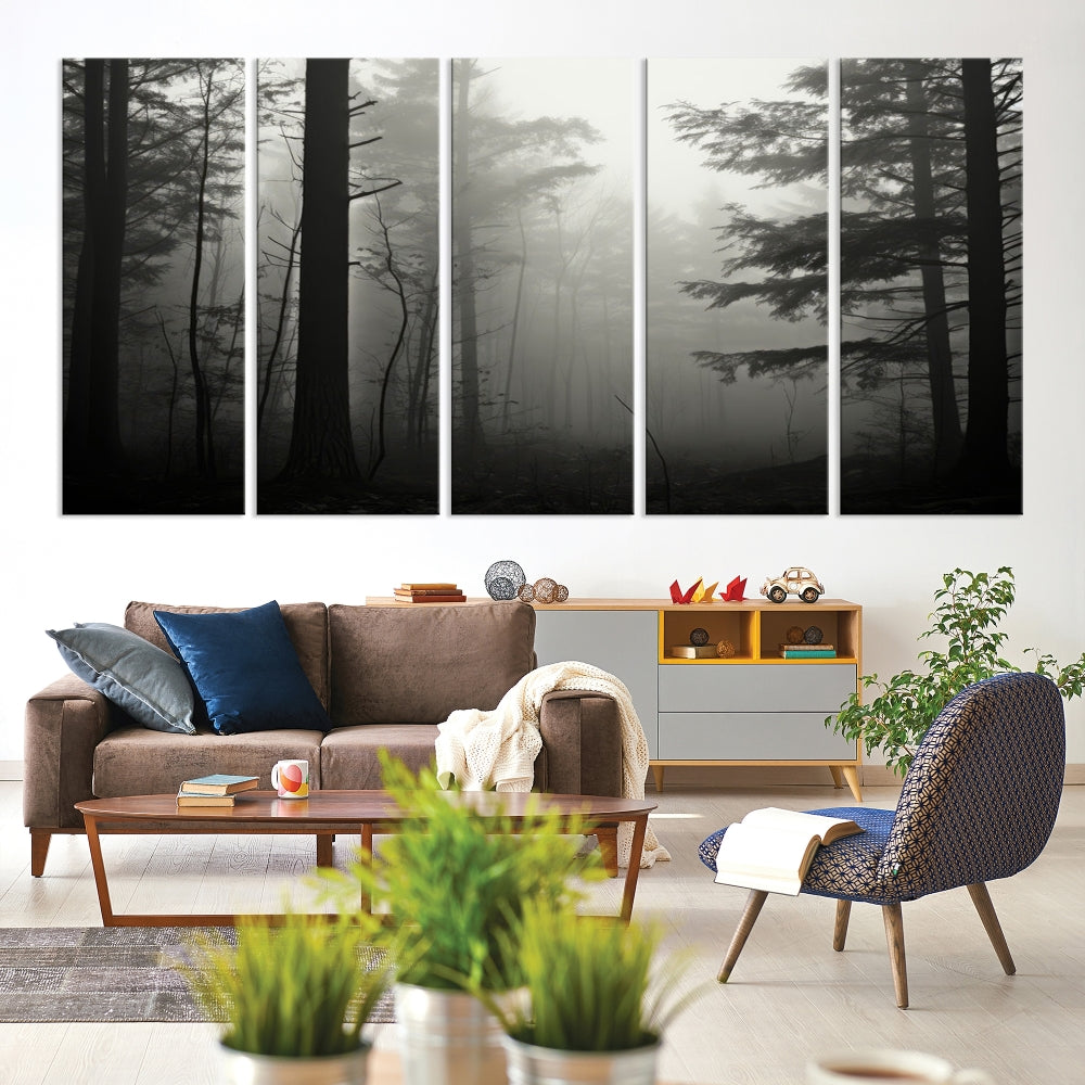 The living room features a premium canvas print triptych titled "Misty Forest Wall Art" on the wall, depicting a foggy and serene atmosphere.