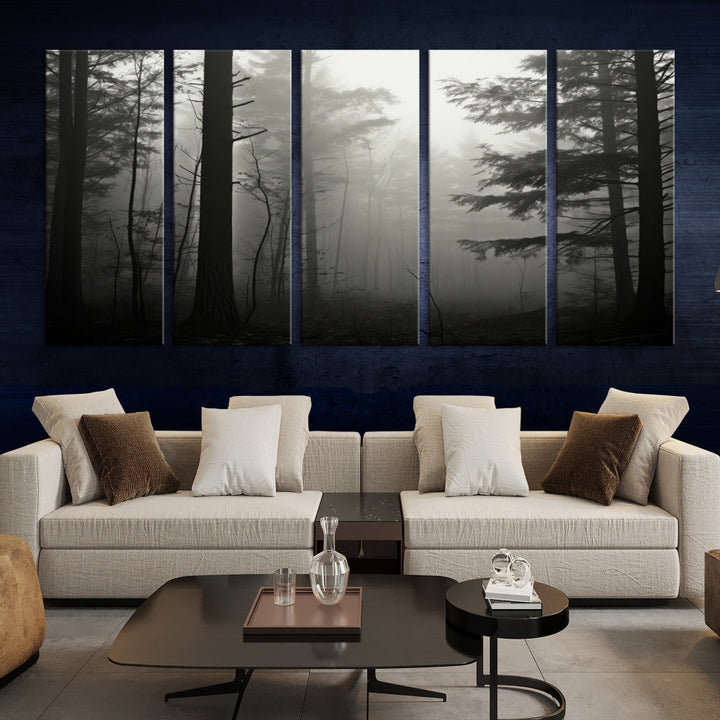 The living room features a premium canvas print triptych titled "Misty Forest Wall Art" on the wall, depicting a foggy and serene atmosphere.