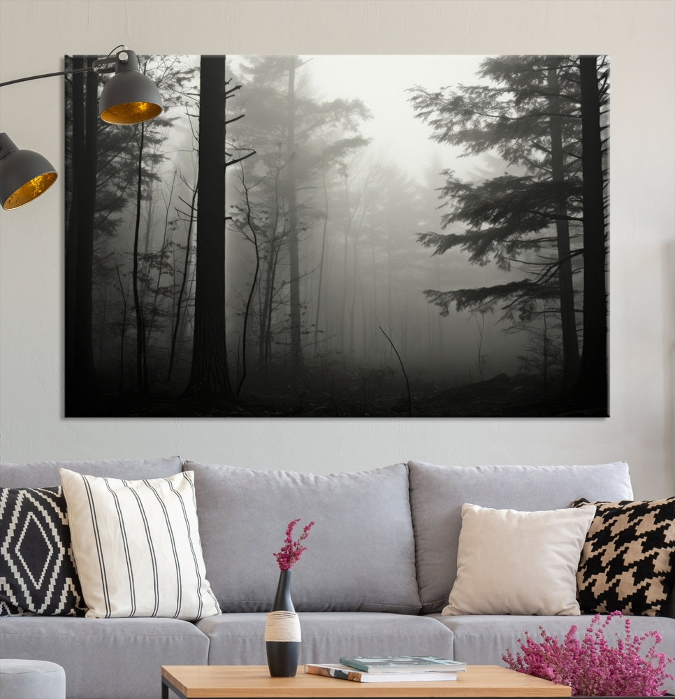 The living room features a premium canvas print triptych titled "Misty Forest Wall Art" on the wall, depicting a foggy and serene atmosphere.