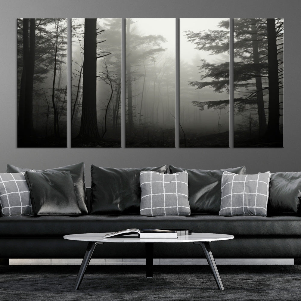 The living room features a premium canvas print triptych titled "Misty Forest Wall Art" on the wall, depicting a foggy and serene atmosphere.