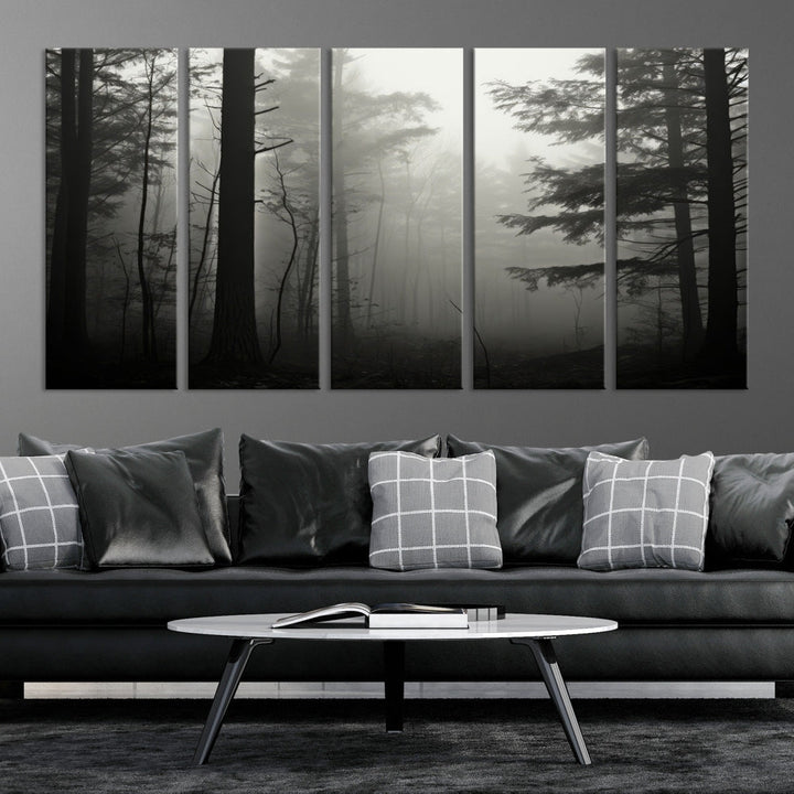 The living room features a premium canvas print triptych titled "Misty Forest Wall Art" on the wall, depicting a foggy and serene atmosphere.