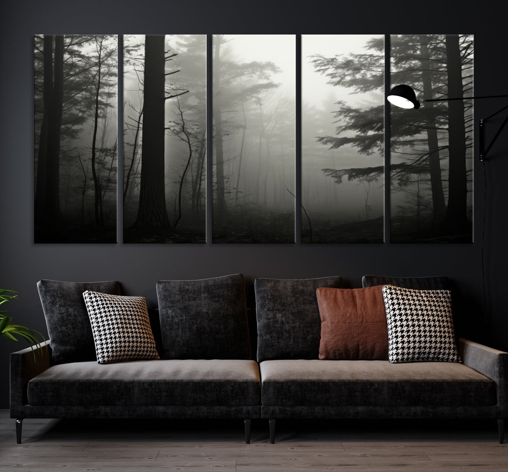 The living room features a premium canvas print triptych titled "Misty Forest Wall Art" on the wall, depicting a foggy and serene atmosphere.