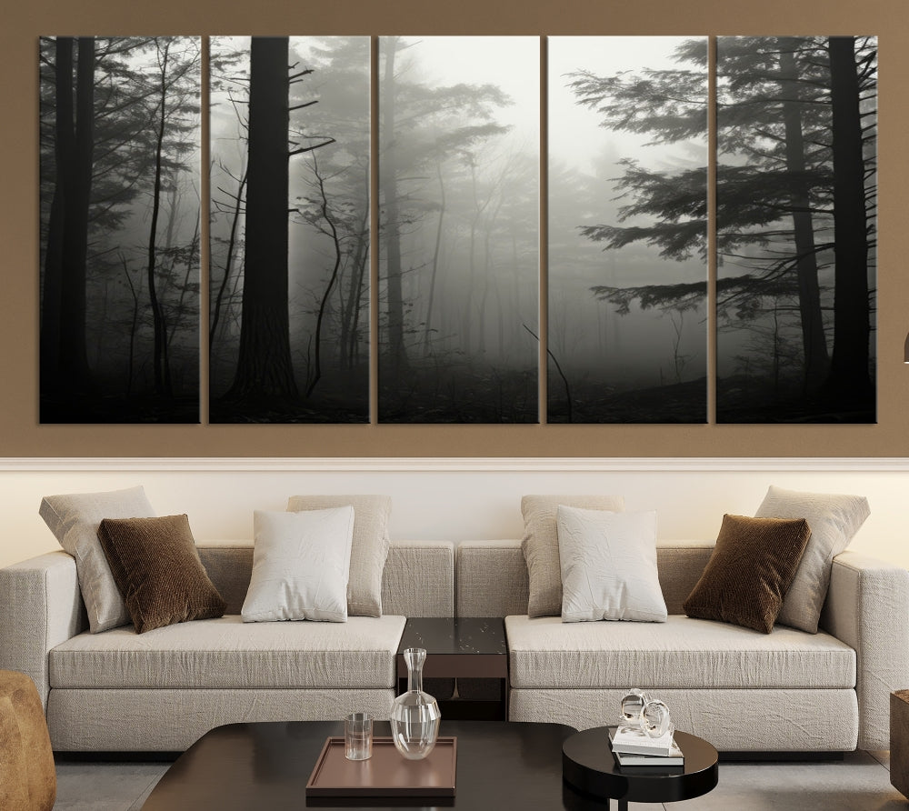 The living room features a premium canvas print triptych titled "Misty Forest Wall Art" on the wall, depicting a foggy and serene atmosphere.