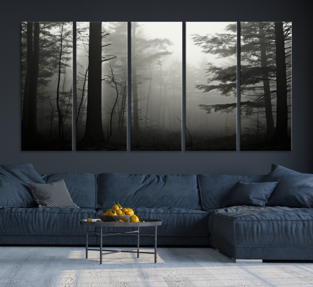 The living room features a premium canvas print triptych titled "Misty Forest Wall Art" on the wall, depicting a foggy and serene atmosphere.