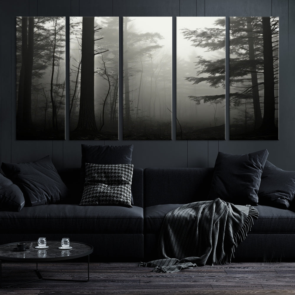 The living room features a premium canvas print triptych titled "Misty Forest Wall Art" on the wall, depicting a foggy and serene atmosphere.