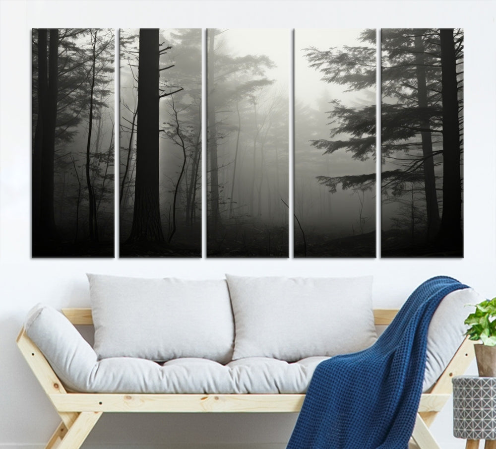 The living room features a premium canvas print triptych titled "Misty Forest Wall Art" on the wall, depicting a foggy and serene atmosphere.