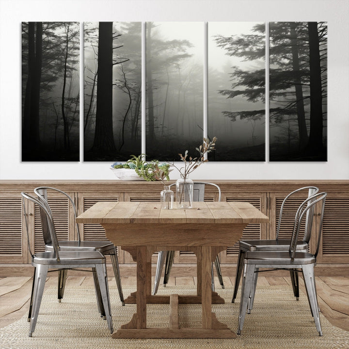 The living room features a premium canvas print triptych titled "Misty Forest Wall Art" on the wall, depicting a foggy and serene atmosphere.