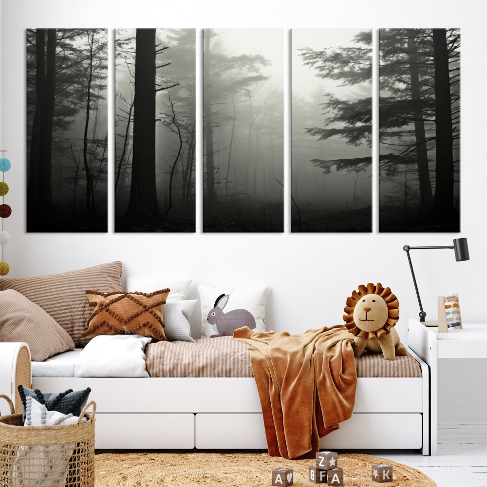 The living room features a premium canvas print triptych titled "Misty Forest Wall Art" on the wall, depicting a foggy and serene atmosphere.