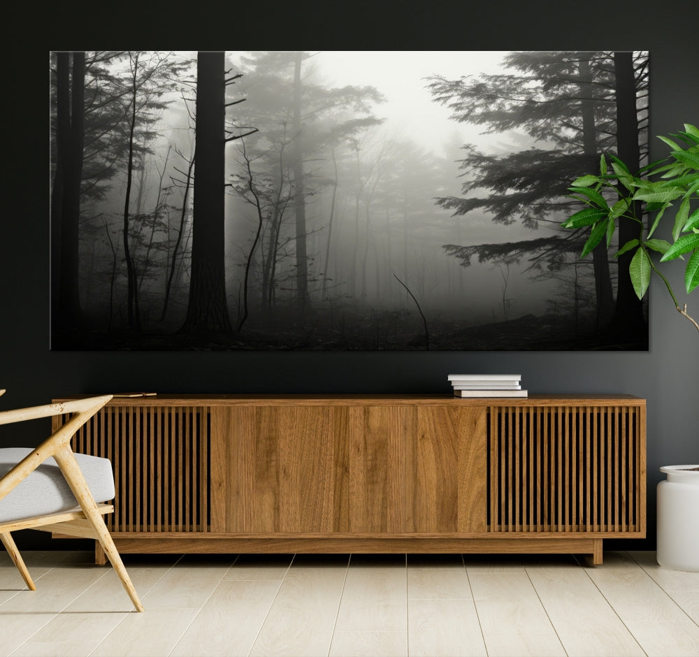 The living room features a premium canvas print triptych titled "Misty Forest Wall Art" on the wall, depicting a foggy and serene atmosphere.