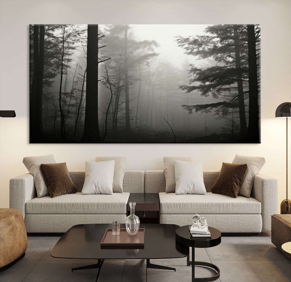 The living room features a premium canvas print triptych titled "Misty Forest Wall Art" on the wall, depicting a foggy and serene atmosphere.