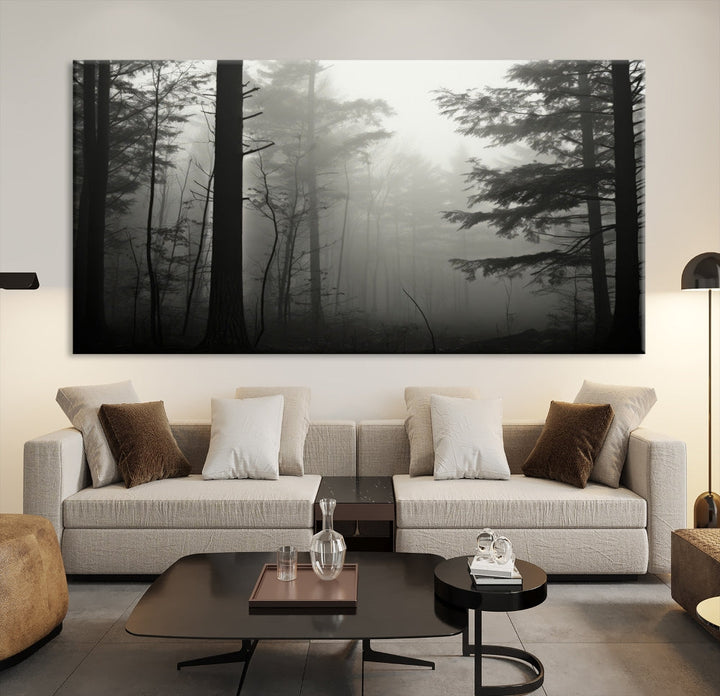 The living room features a premium canvas print triptych titled "Misty Forest Wall Art" on the wall, depicting a foggy and serene atmosphere.