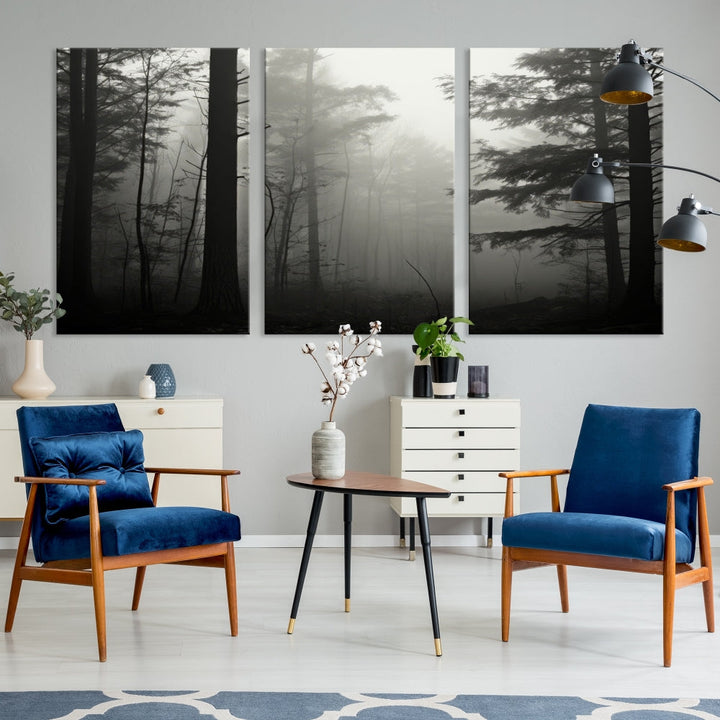 The living room features a premium canvas print triptych titled "Misty Forest Wall Art" on the wall, depicting a foggy and serene atmosphere.