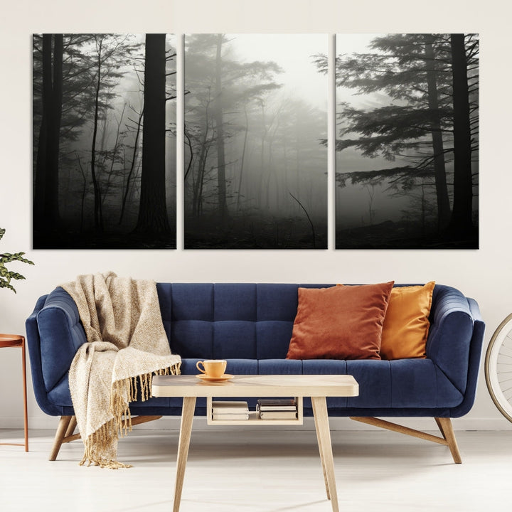 The living room features a premium canvas print triptych titled "Misty Forest Wall Art" on the wall, depicting a foggy and serene atmosphere.