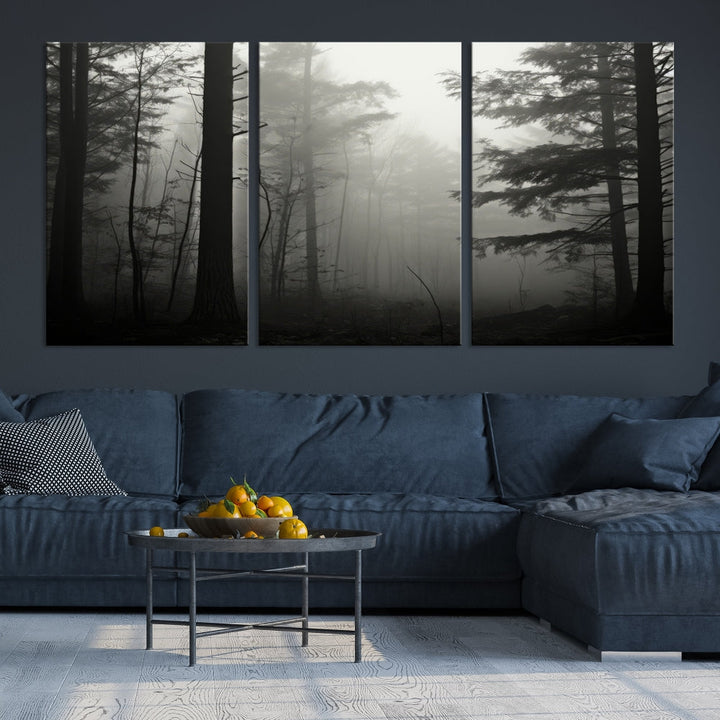 The living room features a premium canvas print triptych titled "Misty Forest Wall Art" on the wall, depicting a foggy and serene atmosphere.