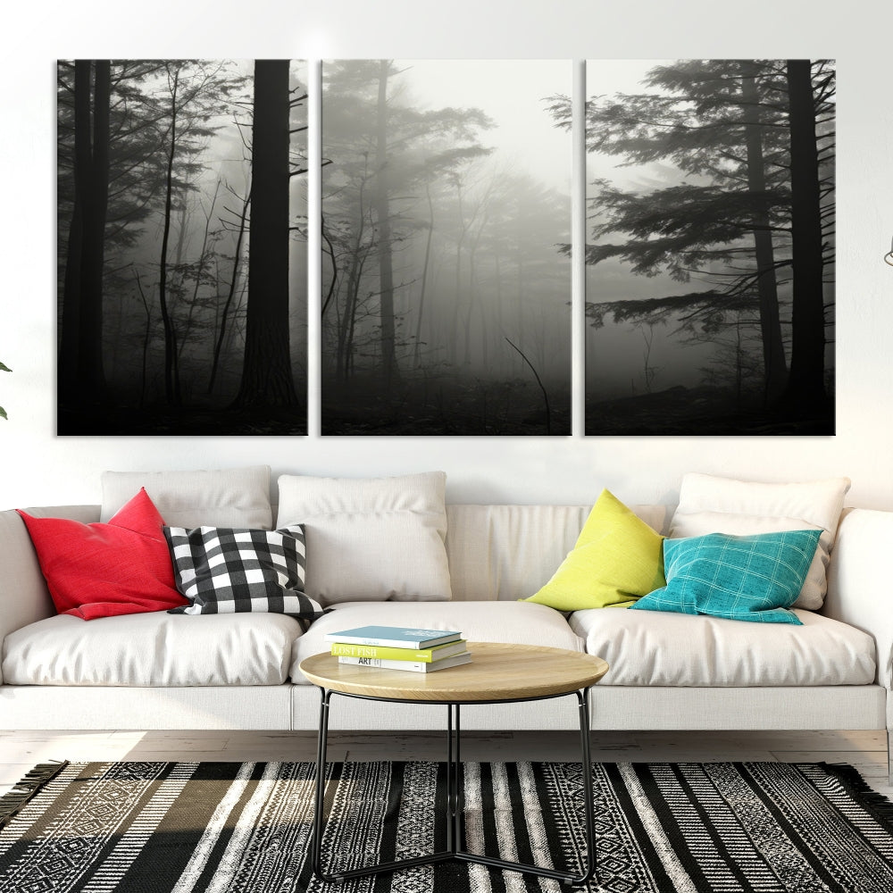 The living room features a premium canvas print triptych titled "Misty Forest Wall Art" on the wall, depicting a foggy and serene atmosphere.