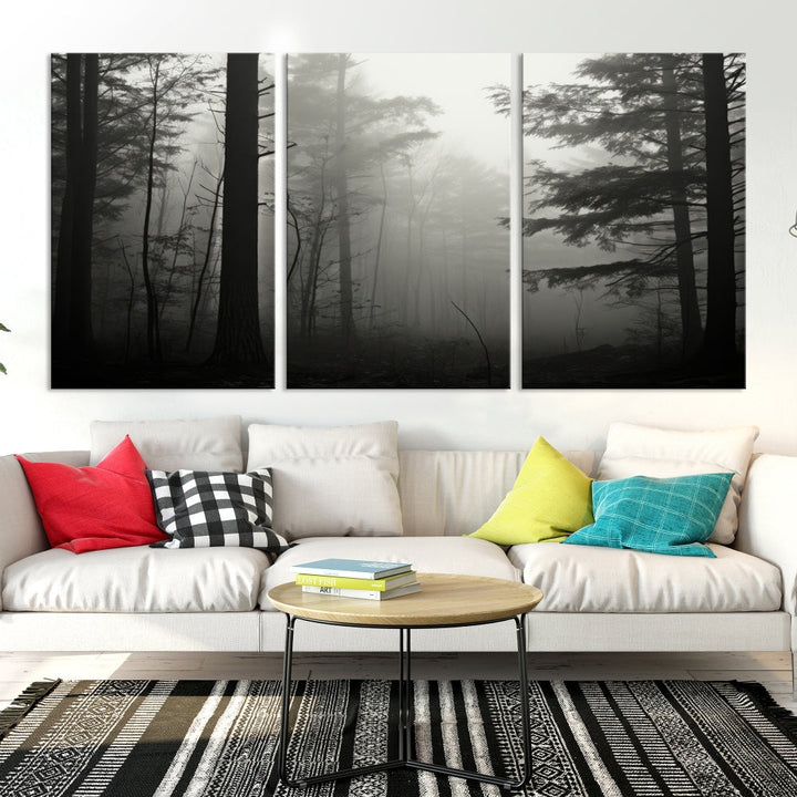 The living room features a premium canvas print triptych titled "Misty Forest Wall Art" on the wall, depicting a foggy and serene atmosphere.