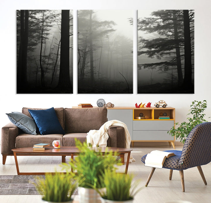 The living room features a premium canvas print triptych titled "Misty Forest Wall Art" on the wall, depicting a foggy and serene atmosphere.