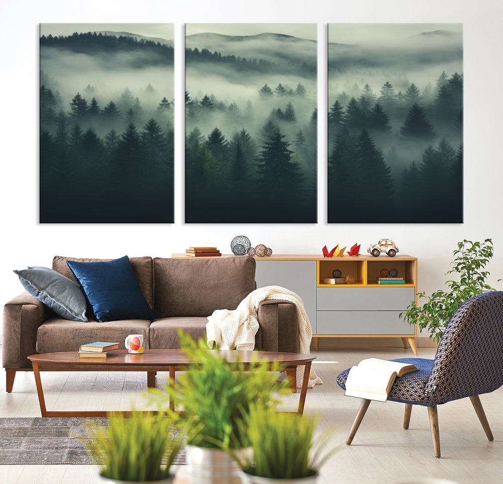 The "Misty Forest Wall Art Premium Canvas Print," depicting a foggy and serene atmosphere, is printed on museum-quality canvas with a gallery-wrapped finish and UV-protective coating, contributing an elegant touch to the space.