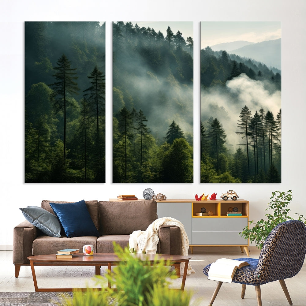 The "Misty Forest Wall Art Premium Canvas Print" enhances the tranquil ambiance of the living room with its portrayal of a foggy and serene atmosphere.