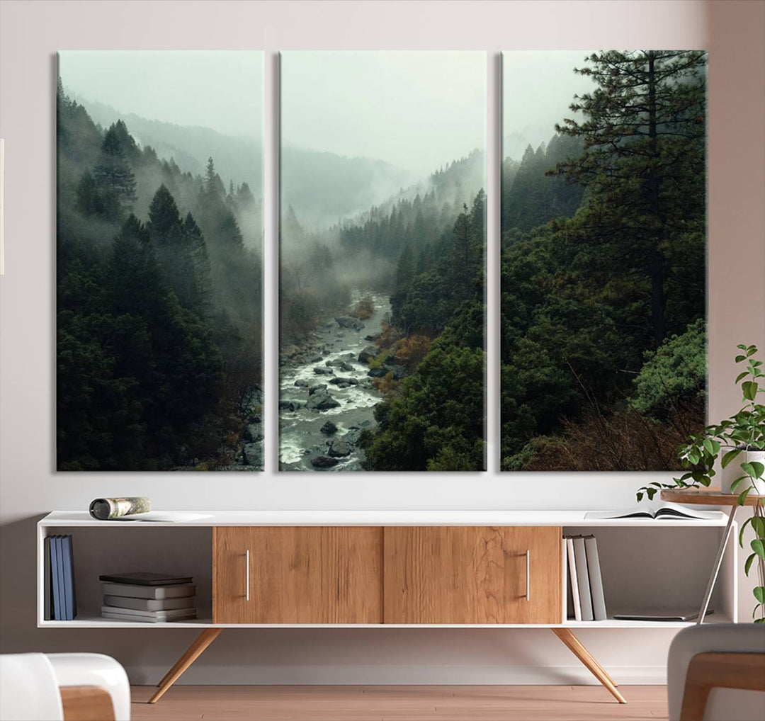 The Misty Forest Wall Art is a ready-to-hang piece showcasing a tranquil nature landscape of a serene river, ideal for your living room or cabin.