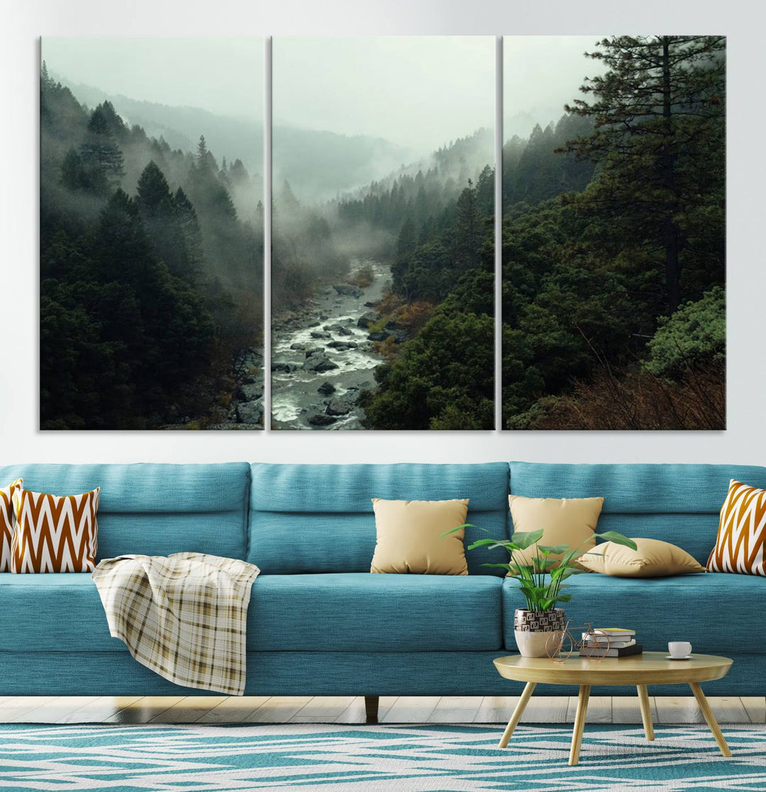 The Misty Forest Wall Art is a ready-to-hang piece showcasing a tranquil nature landscape of a serene river, ideal for your living room or cabin.