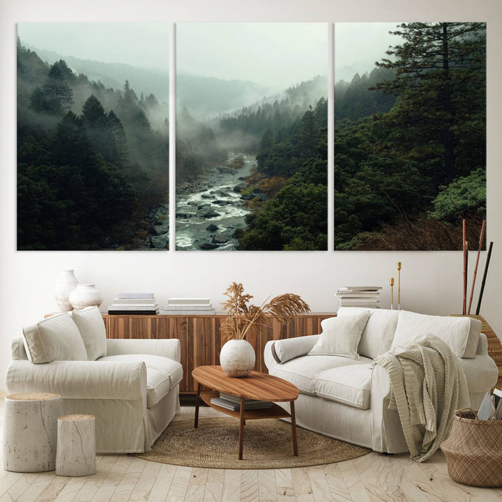 The Misty Forest Wall Art is a ready-to-hang piece showcasing a tranquil nature landscape of a serene river, ideal for your living room or cabin.