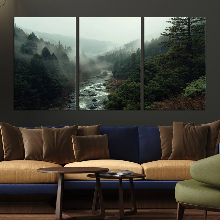 The Misty Forest Wall Art is a ready-to-hang piece showcasing a tranquil nature landscape of a serene river, ideal for your living room or cabin.