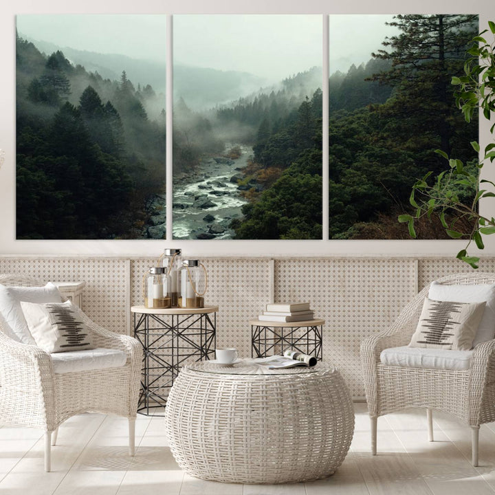 The Misty Forest Wall Art is a ready-to-hang piece showcasing a tranquil nature landscape of a serene river, ideal for your living room or cabin.