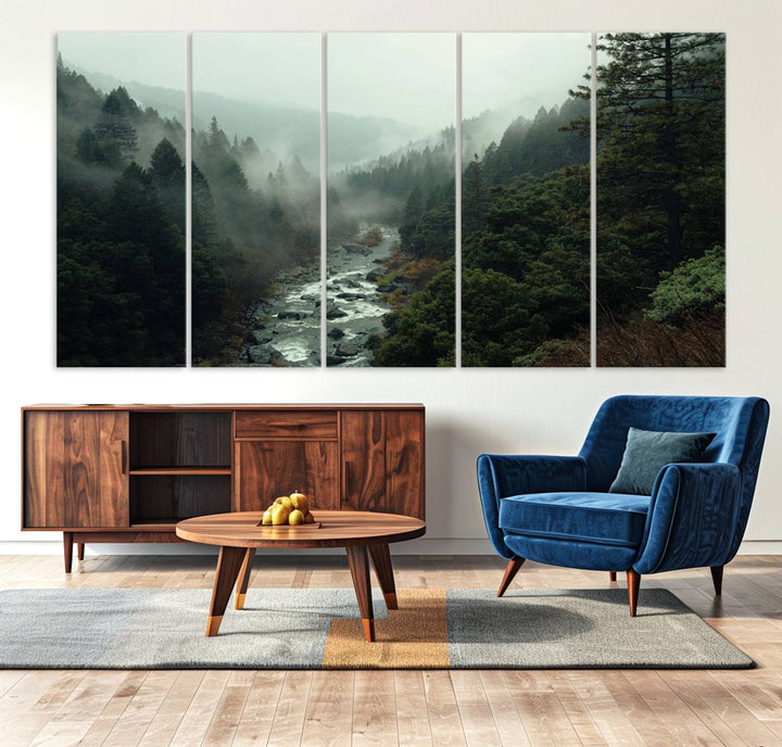 The Misty Forest Wall Art is a ready-to-hang piece showcasing a tranquil nature landscape of a serene river, ideal for your living room or cabin.