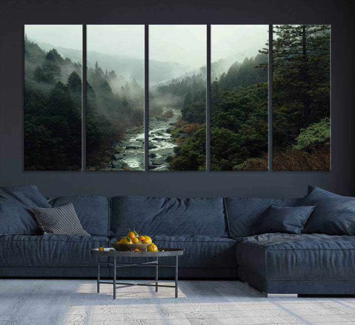 The Misty Forest Wall Art is a ready-to-hang piece showcasing a tranquil nature landscape of a serene river, ideal for your living room or cabin.