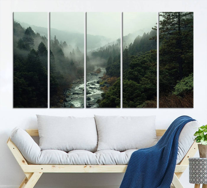 The Misty Forest Wall Art is a ready-to-hang piece showcasing a tranquil nature landscape of a serene river, ideal for your living room or cabin.